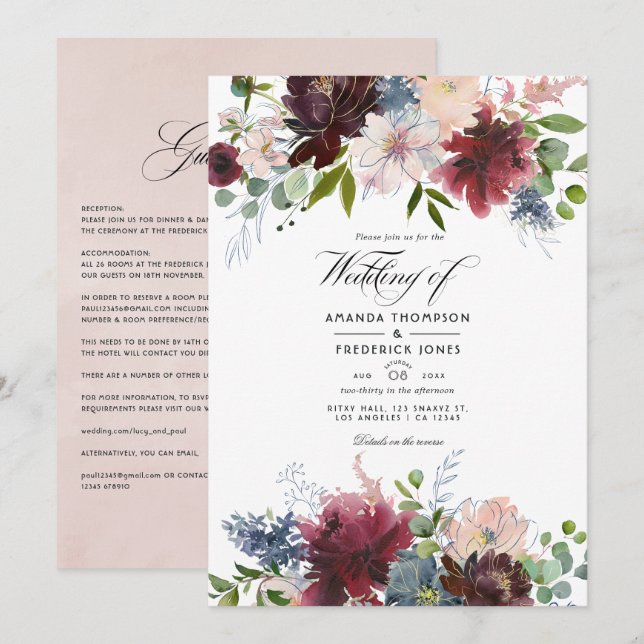 Einladung zur Hochzeit in Burgund, Navy und Blush (Vorne/Hinten)