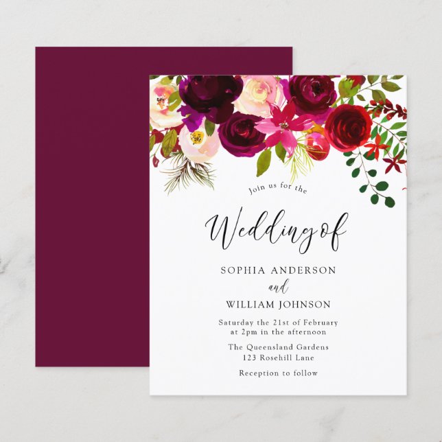 Einladung zur Hochzeit in Burgund Red Blush (Vorne/Hinten)