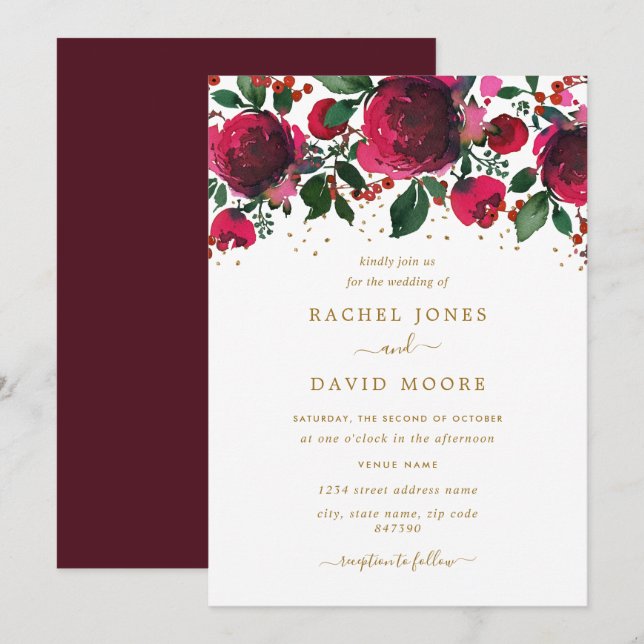 Einladung zur Hochzeit in Burgund Red Gold Floral (Vorne/Hinten)