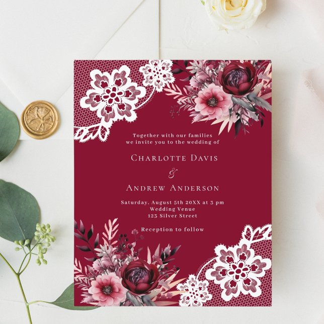 Einladung zur Hochzeit in Burgund-Rosa-Blütenweiße (Von Creator hochgeladen)