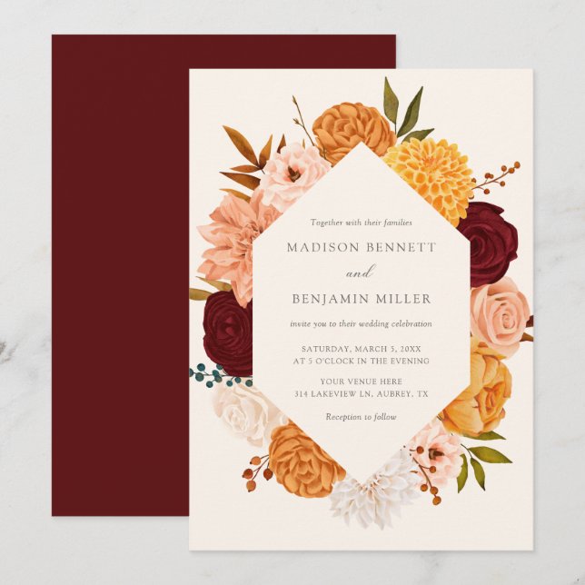 Einladung zur Hochzeit in Burgund Rose Fall (Vorne/Hinten)