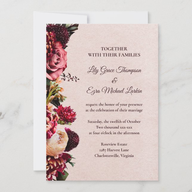 Einladung zur Hochzeit in Burgund und Blush Rose (Vorderseite)