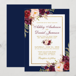 Einladung zur Hochzeit in Burgundy Floral Blue