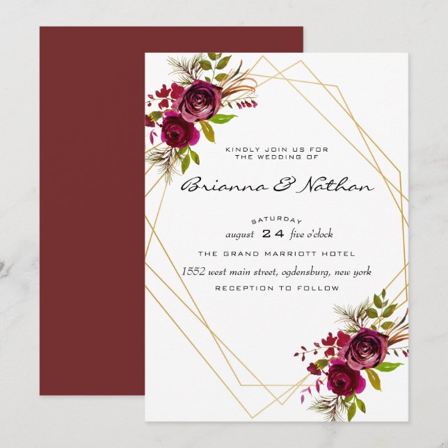 Einladung zur Hochzeit in Burgundy Geometric (Vorne/Hinten)
