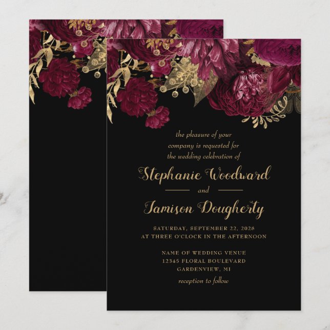 Einladung zur Hochzeit in Burgundy Gold Dark Flora (Vorne/Hinten)
