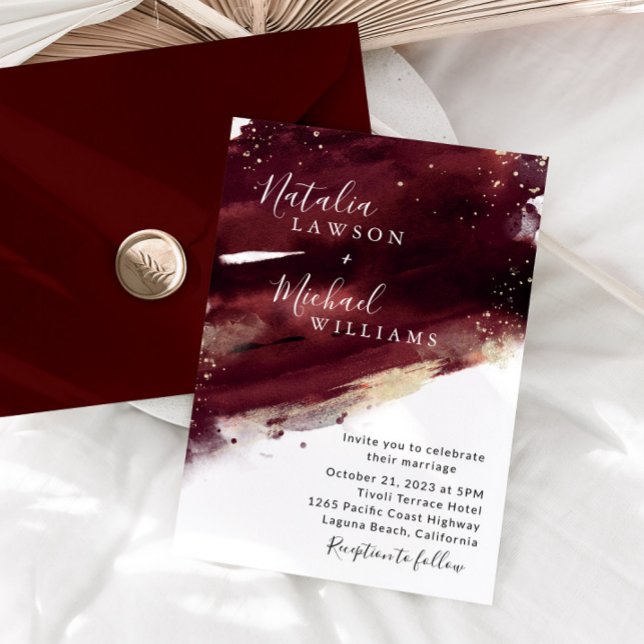 Einladung zur Hochzeit in Burgundy Gold Watercolor (Von Creator hochgeladen)