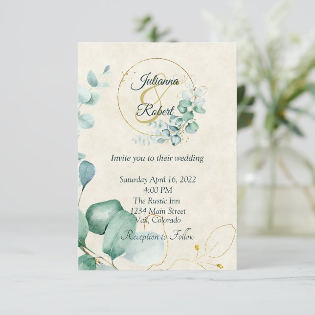 Einladung zur Hochzeit in Eukalyptus und Gold (Stehend Vorderseite)
