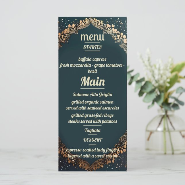Einladung zur Hochzeit in Gold Floral (Stehend Vorderseite)