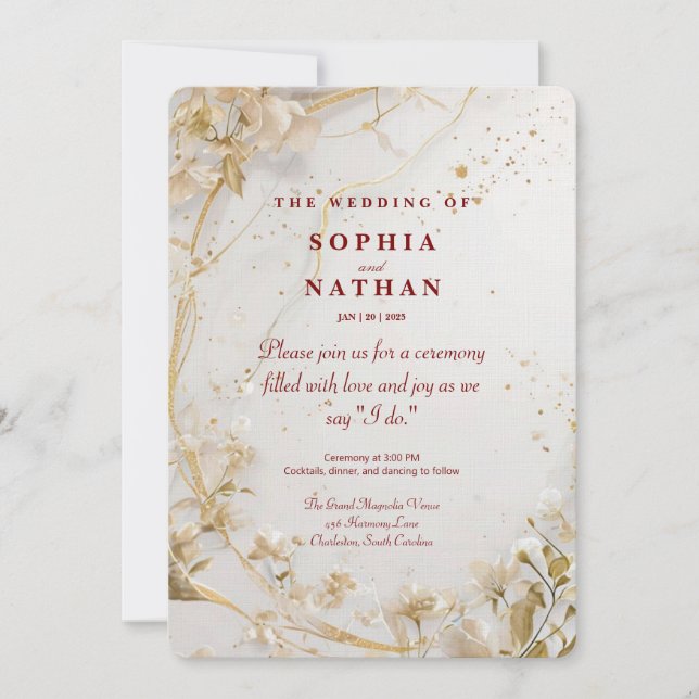 Einladung zur Hochzeit in Gold Floral (Vorderseite)