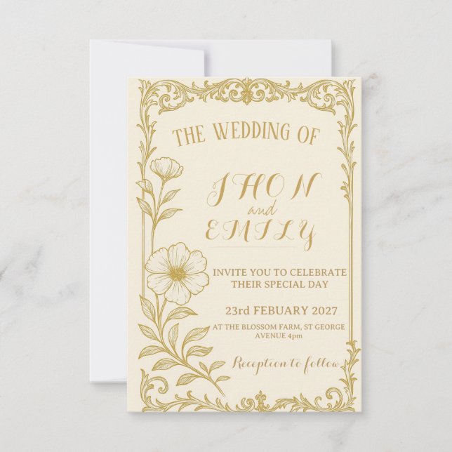 Einladung zur Hochzeit in Gold Floral (Vorderseite)