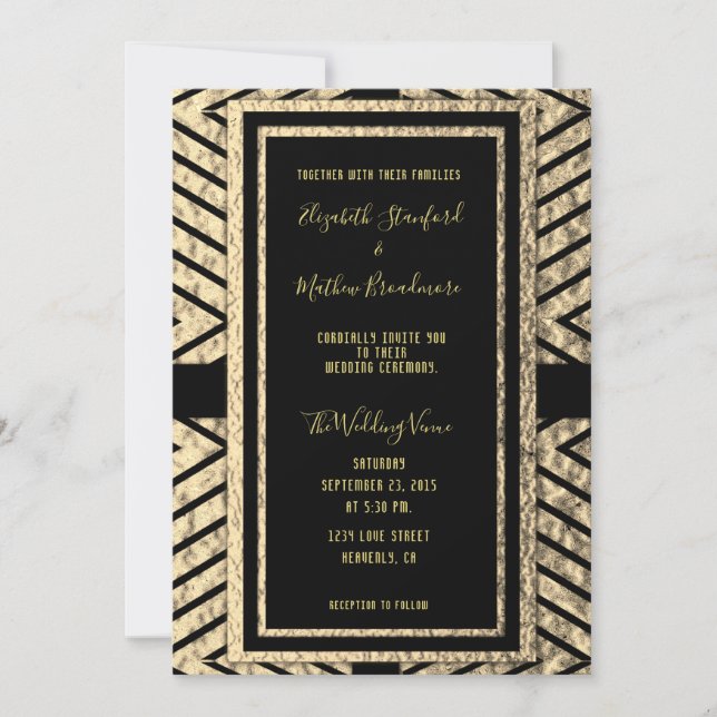 Einladung zur Hochzeit in Gold und Schwarz (Vorderseite)