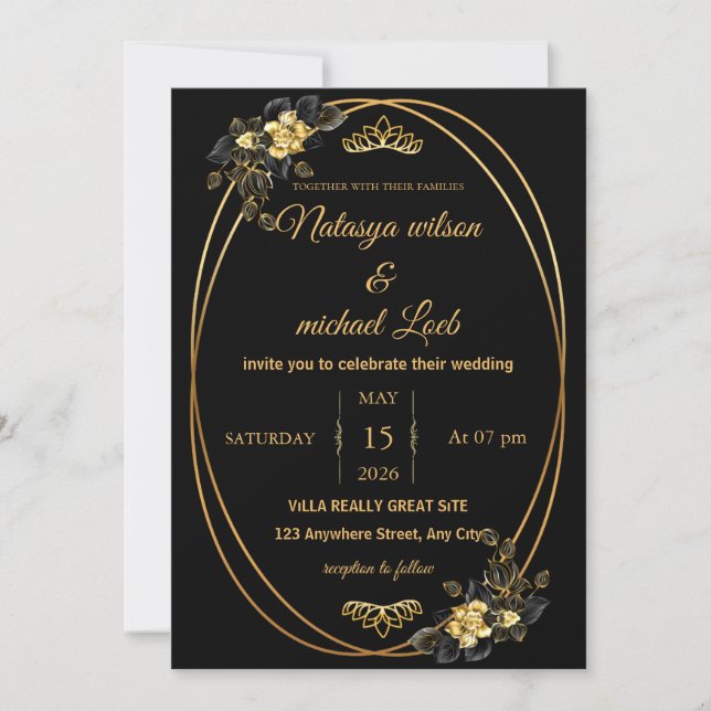 Einladung zur Hochzeit in Luxury Black & Gold (Vorderseite)