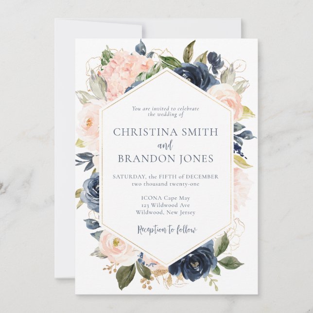 Einladung zur Hochzeit in Navy Blue und Blush Pink (Vorderseite)