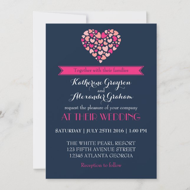 Einladung zur Hochzeit in Navy Blue und Pink Liebe (Vorderseite)