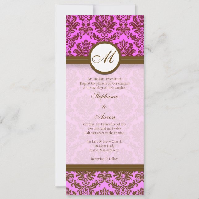 Einladung zur Hochzeit in rosa und braun Damaske (Vorderseite)