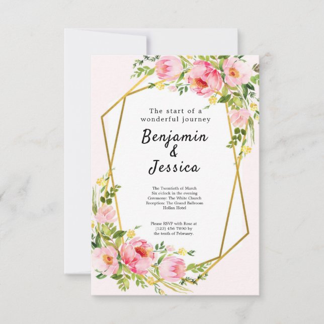 Einladung zur Hochzeit in Rosa und Gold (Vorderseite)