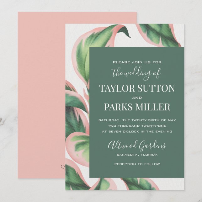 Einladung zur Hochzeit in rosa und grüne tropische (Vorne/Hinten)