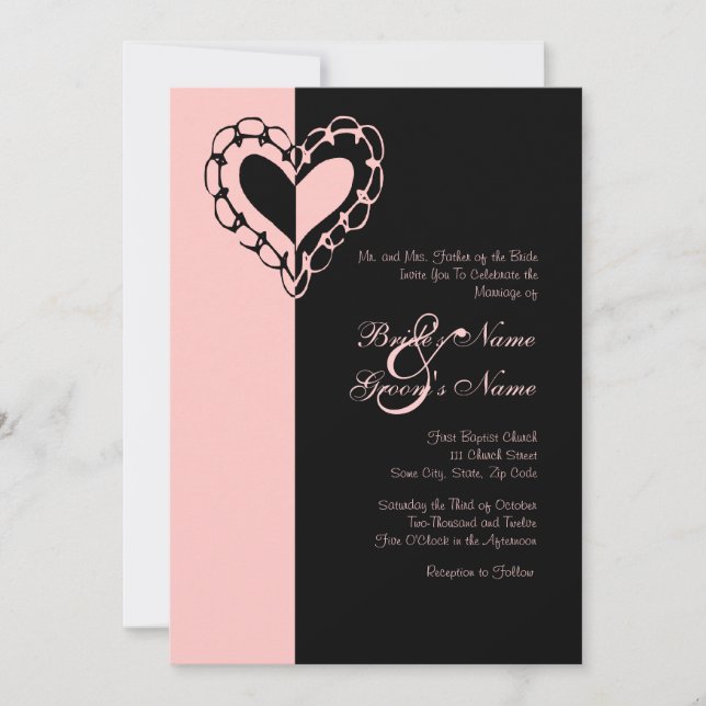 Einladung zur Hochzeit in Rosa und Schwarzes Herz (Vorderseite)