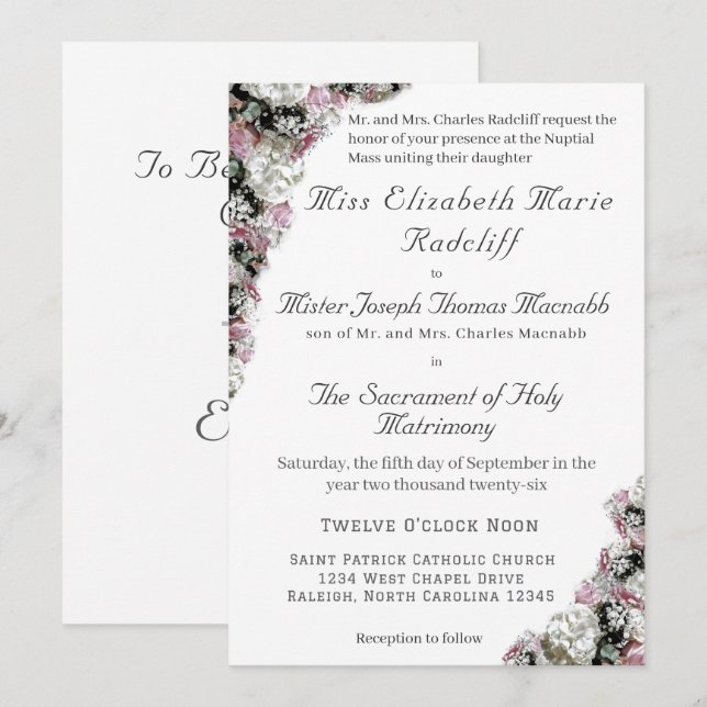 Einladung zur Hochzeit in Rosa und Weiß (Vorne/Hinten)