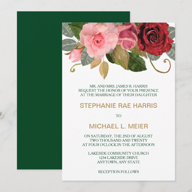 Einladung zur Hochzeit in Rot und Rosa Rose (Vorne/Hinten)