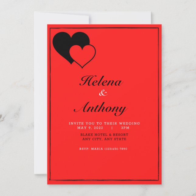Einladung zur Hochzeit in Rot und Schwarzes Herz (Vorderseite)