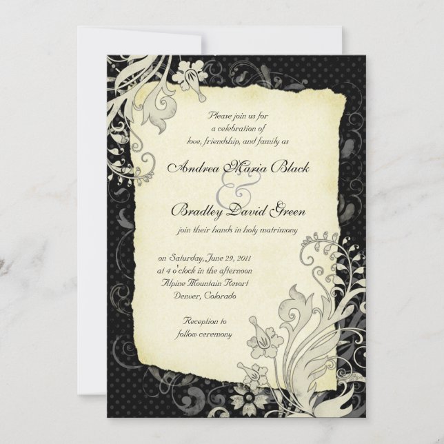 Einladung zur Hochzeit in Schwarz und Elfenbeinflo (Vorderseite)
