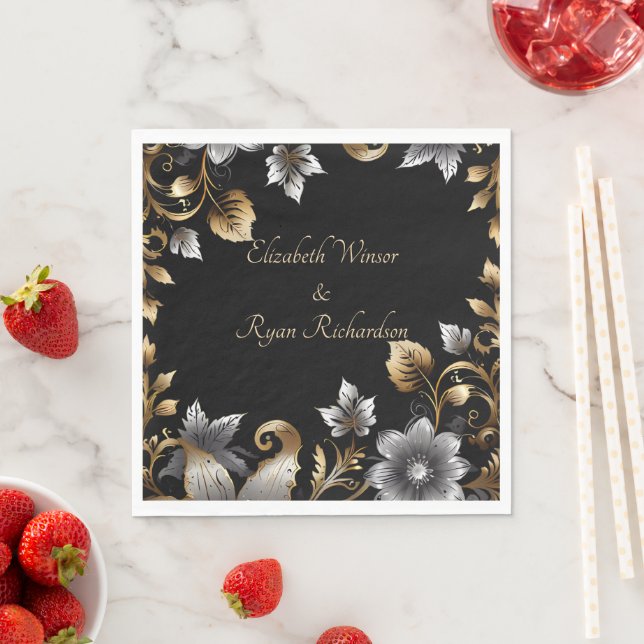 Einladung zur Hochzeit in Schwarz und Gold Serviette (Beispiel)