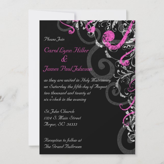 Einladung zur Hochzeit in Schwarz, Weiß und Rosa (Vorderseite)