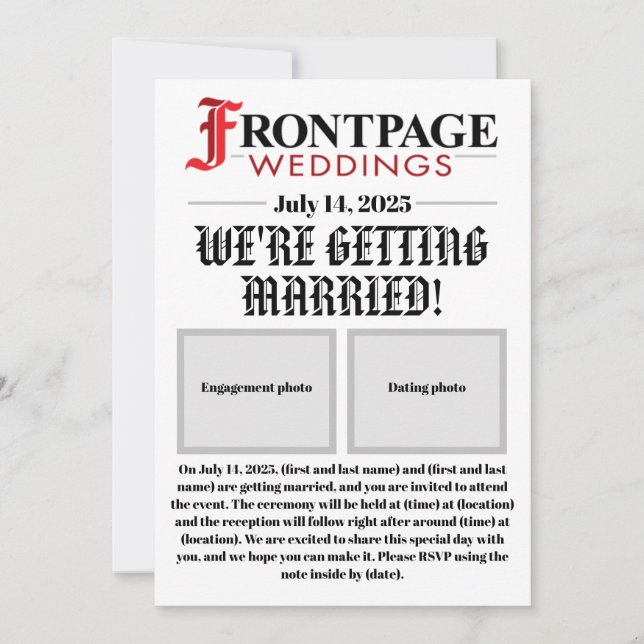 Einladung zur Hochzeit in Zeitungen (Vorderseite)