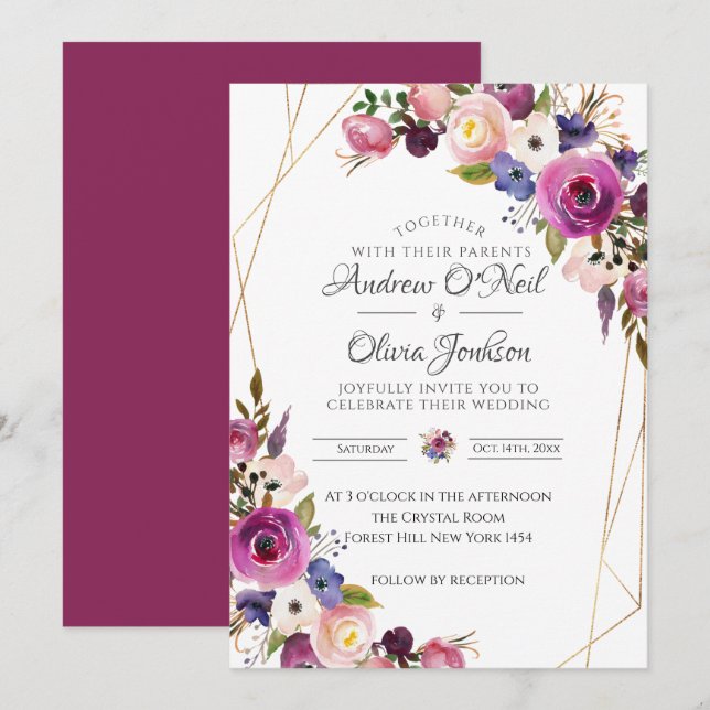Einladung zur Hochzeit Lila & blau Rose (Vorne/Hinten)