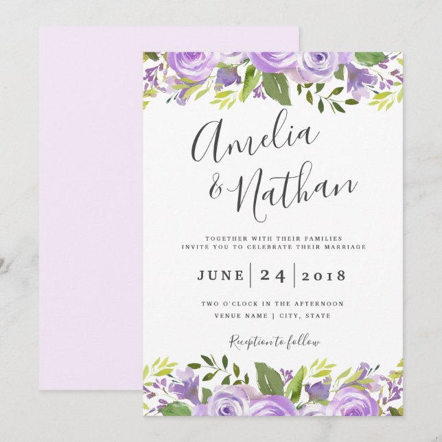 Einladung zur Hochzeit Lila Blumen (Vorne/Hinten)