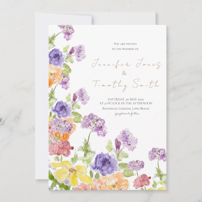 Einladung zur Hochzeit lila gelbe und orangefarben (Vorderseite)