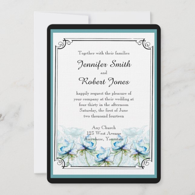 Einladung zur Hochzeit mit aquamarinem Blumenwasse (Vorderseite)