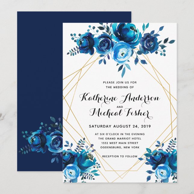 Einladung zur Hochzeit mit Blauer Geometrie (Vorne/Hinten)