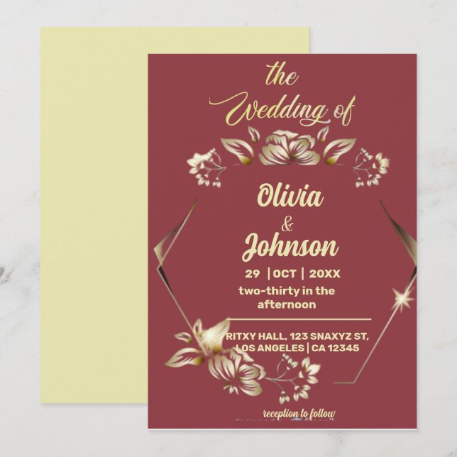 Einladung zur Hochzeit mit Burgund und Golden (Vorne/Hinten)