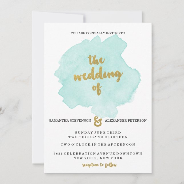 Einladung zur Hochzeit mit Gold und Aquamarinem Bl (Vorderseite)