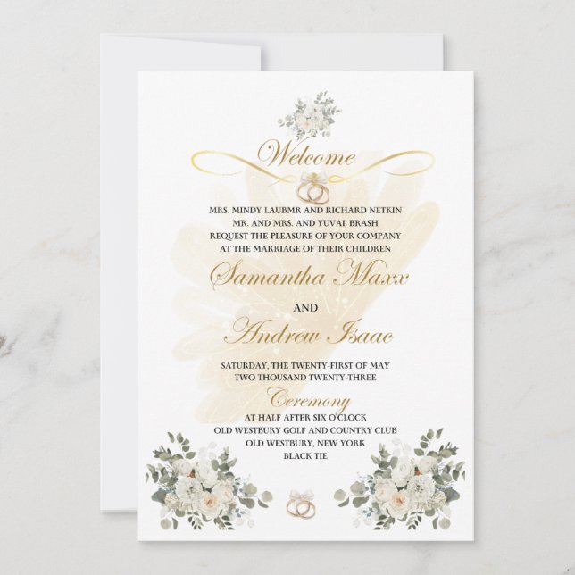 Einladung zur Hochzeit mit Gold und Blumen (Vorderseite)