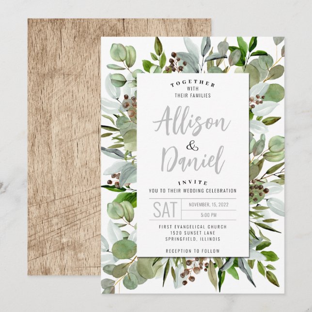 Einladung zur Hochzeit mit moderner Eukalyptus-Veg (Vorne/Hinten)