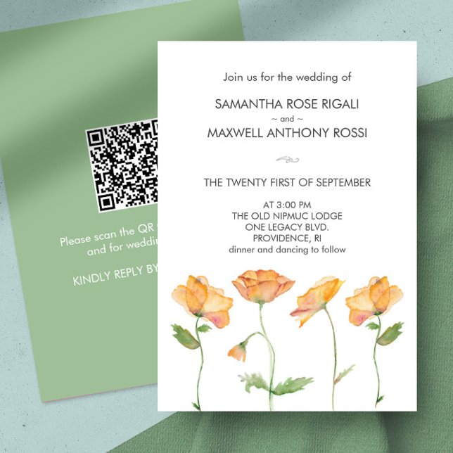 Einladung zur Hochzeit mit QR-Code Orange-Blume (Wedding invitation QR code watercolor orange wildflowers by Victoria Grigaliunas of Do Tell A Belle)