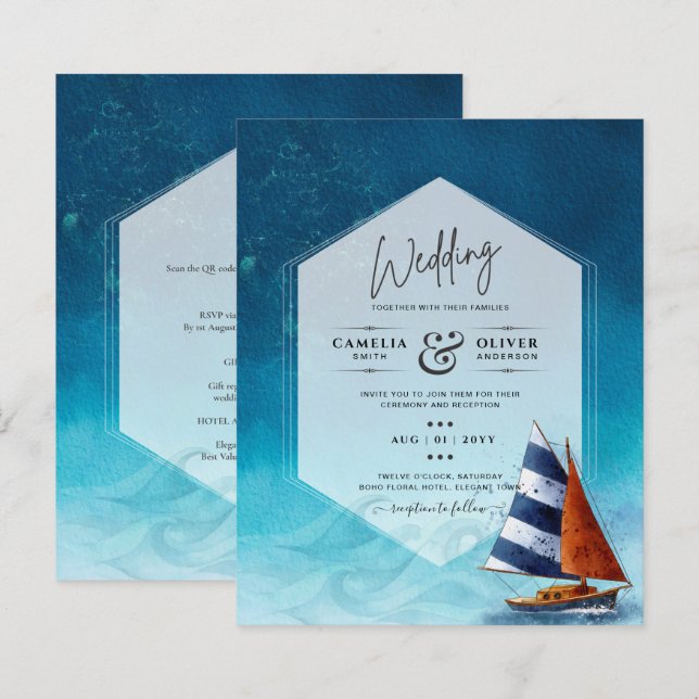 Einladung zur Hochzeit mit Segelboot (Vorne/Hinten)