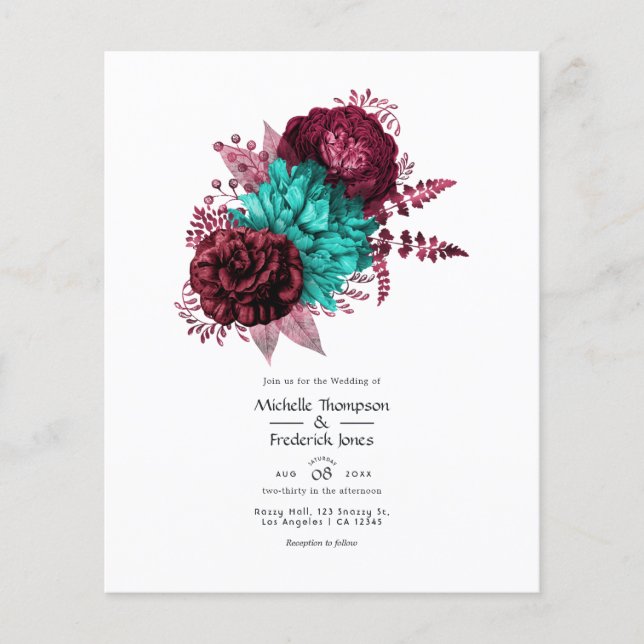 Einladung zur Hochzeit mit Türkis und Burgund Flyer (Vorne)