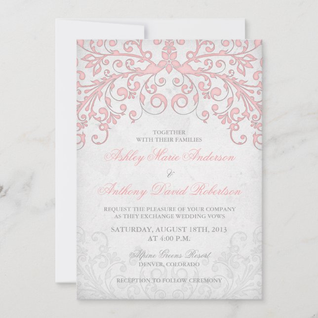 Einladung zur Hochzeit mit Vintagem Blütenrosa (Vorderseite)