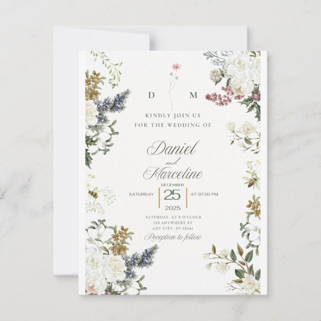 Einladung zur Hochzeit mit weißer Blume - Save the (Vorderseite)