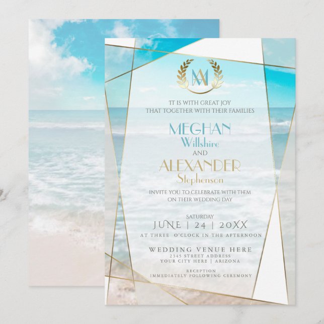 Einladung zur Hochzeit | Modern Monogram Beach (Vorne/Hinten)