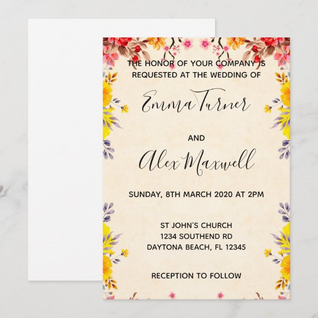 Einladung zur Hochzeit | Romantische Blumenschrift (Vorne/Hinten)