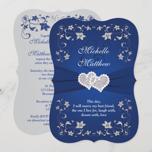Einladung zur Hochzeit | Royal Blue Silver, Floral (Vorne/Hinten)