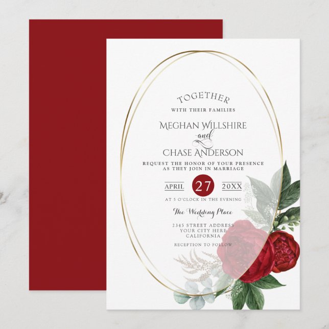 Einladung zur Hochzeit | Scarlet Peony Floral Oval (Vorne/Hinten)