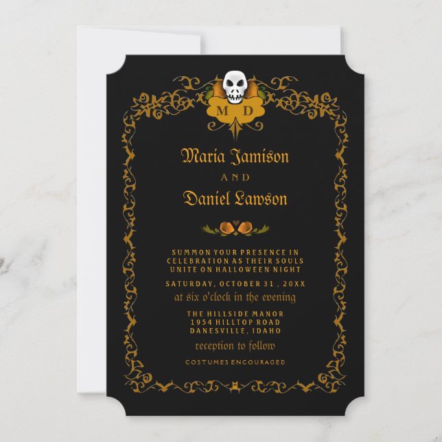 Einladung zur Hochzeit - Schwarz-Orange-Skull-Desi (Vorderseite)