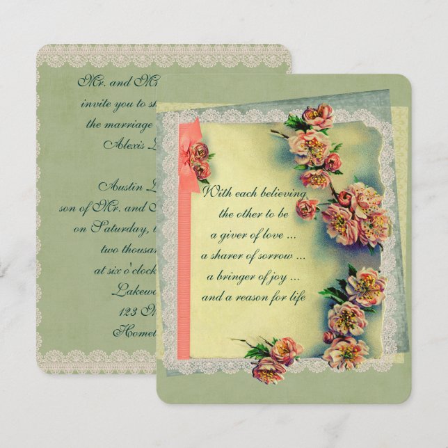 Einladung zur Hochzeit Vintager Rose (Vorne/Hinten)