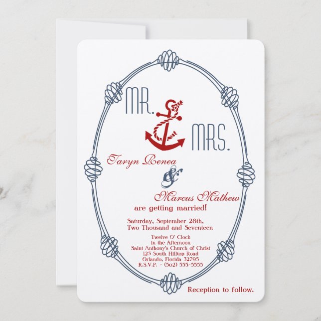 Einladung zur Hochzeit von 12x18 Navy Nautical Kno (Vorderseite)